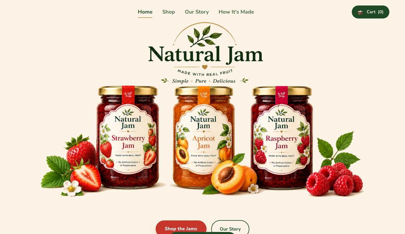 Natural Jam organic fruit jam website — food brand website and storefront by Netveano